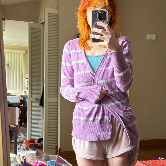 Mossimo Supply Co purple and gray striped cardigan Size Womens Large GUC - Picture 1 of 5